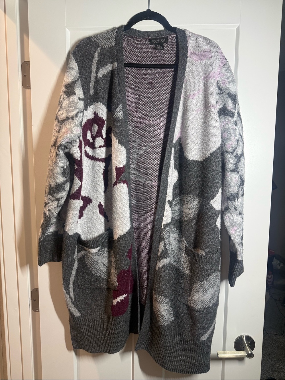 Rachel Zoe Gray Floral Open-Front Cardigan with Burgundy Accents